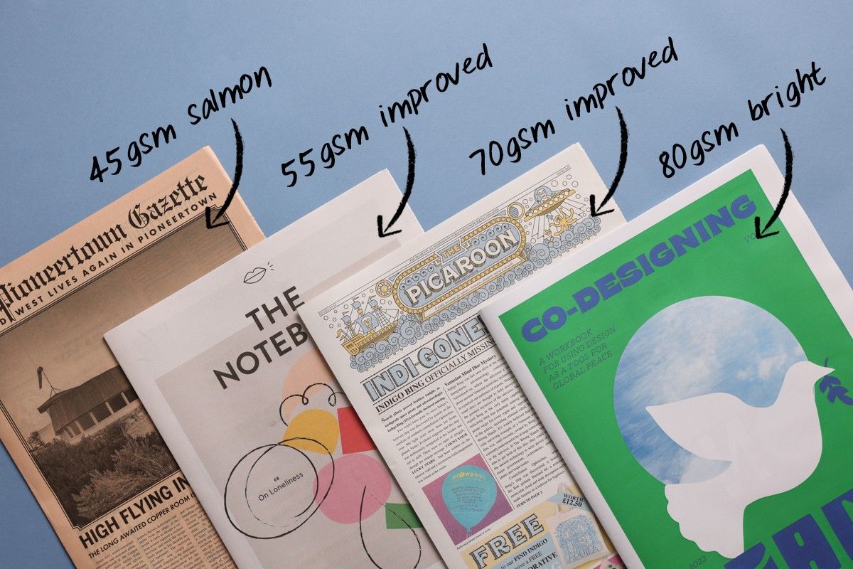 A photograph showing the choice of paper available for traditional tabloid/mini/broadsheet printing at Newspaper Club.