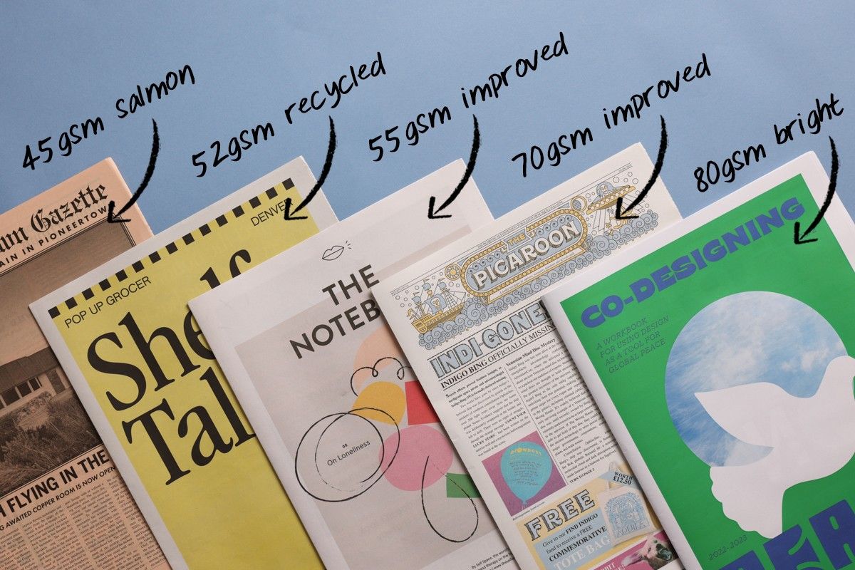 A photograph showing the choice of paper available for traditional tabloid/mini/broadsheet printing at Newspaper Club.