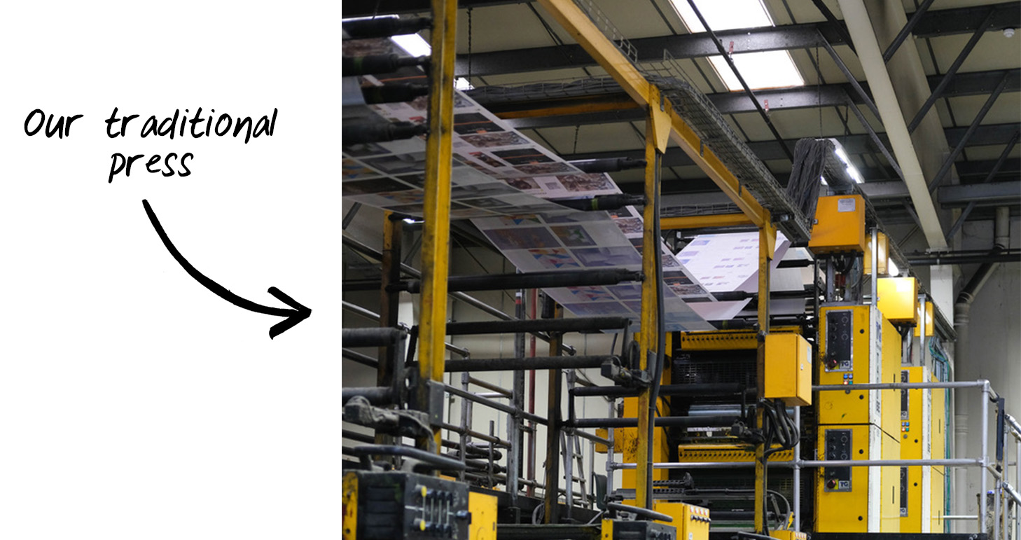 Our traditional printing press that is tall and yellow and has freshly printed newspapers running along the top of the machine.