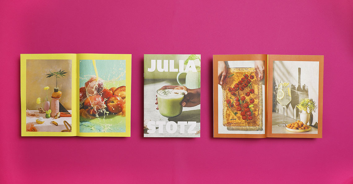 Mini newspapers by Julia Stotz on magenta background colour